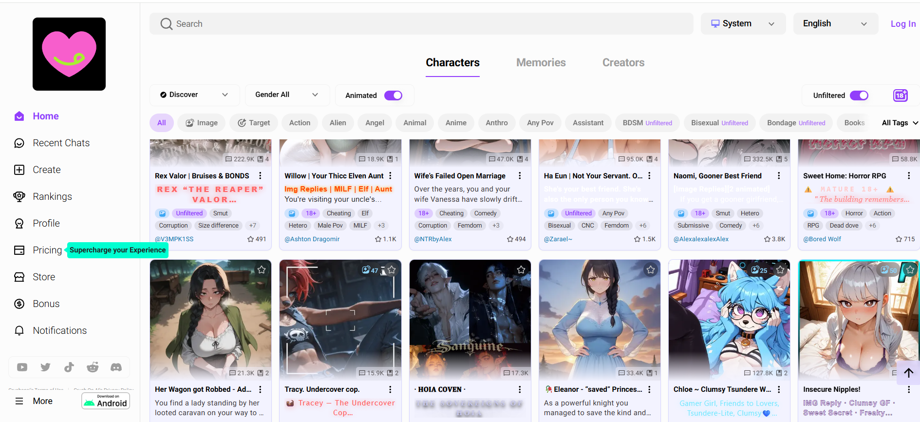 Crushon AI character library — Discover tab with anime and realistic AI characters, filters and Unfiltered toggle